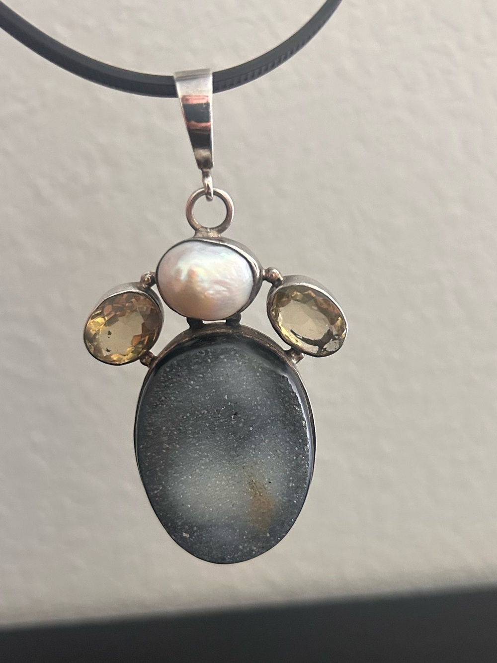 X-Large Druzy, Pearl & Yellow Quartz Sterling Silver Pendant Drusy - Gorgeous!